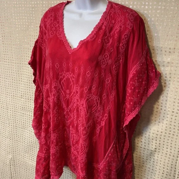 Johnny Was Oversized Boho Embroidered Eyelet Top Fuchsia Pink - Picture 2 of 9